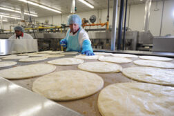 Pizza dough on a conveyor